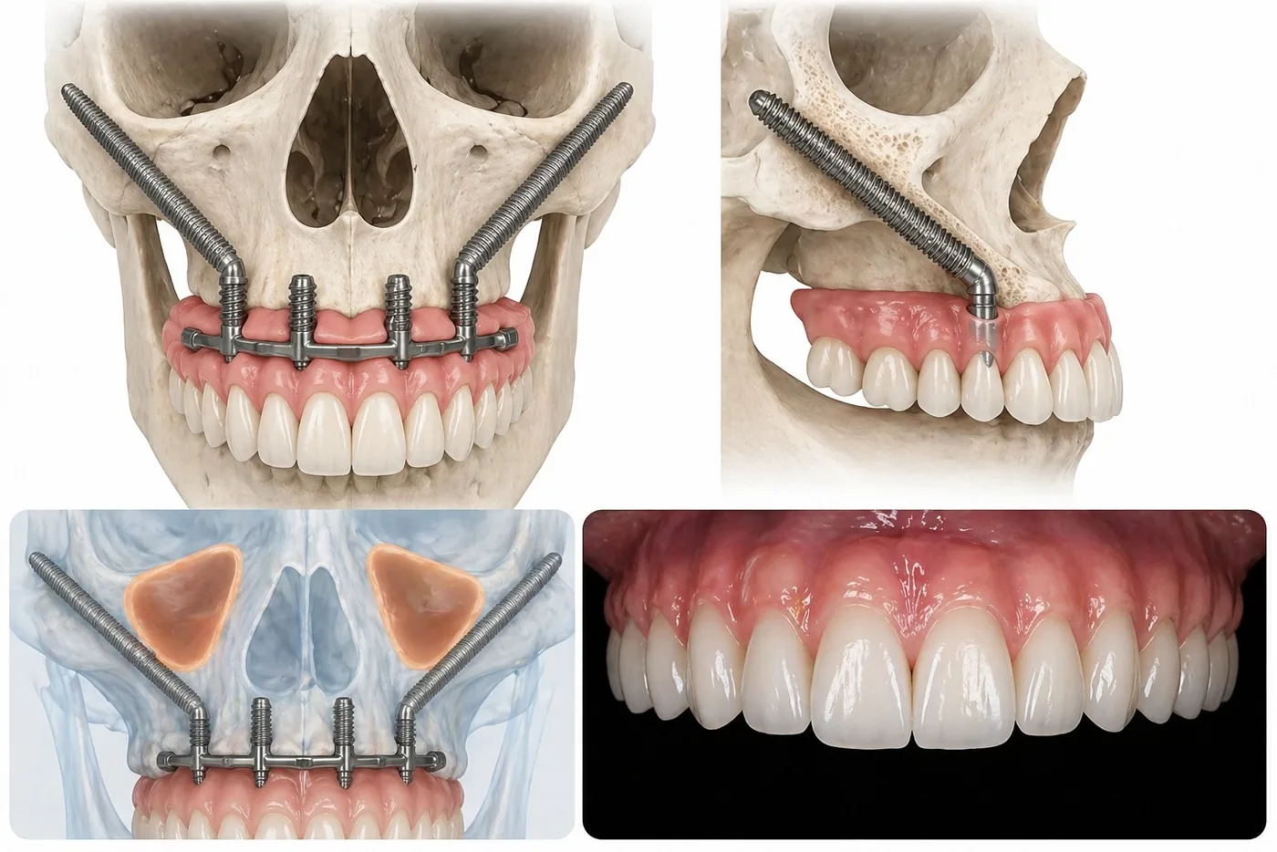 Esquema frontal y lateral de implantes cigomáticos con rehabilitación